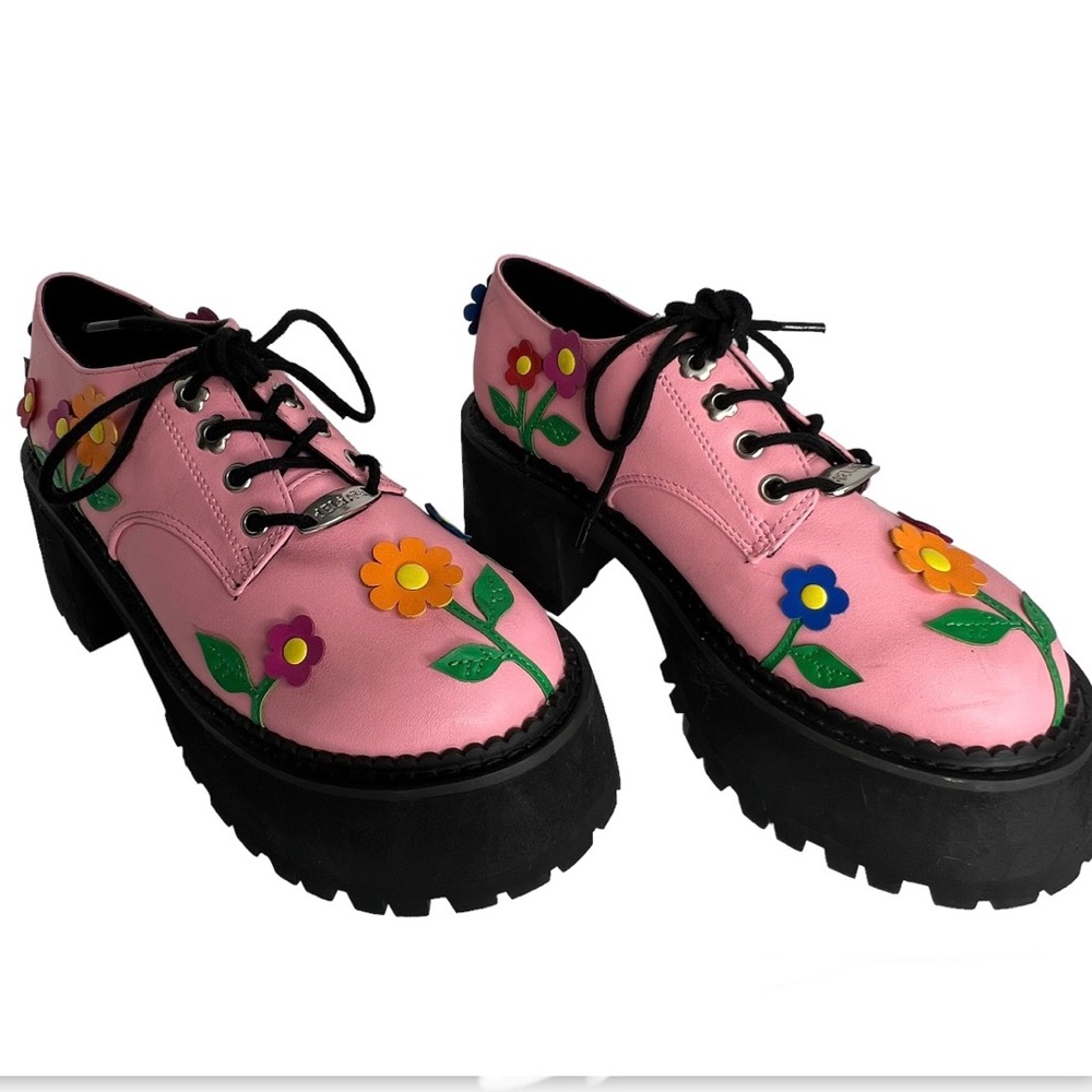 Delia’s Platform Shoes Pink Floral Flower Chunky Lace Up Size 5 Faux Leather - Picture 14 of 15